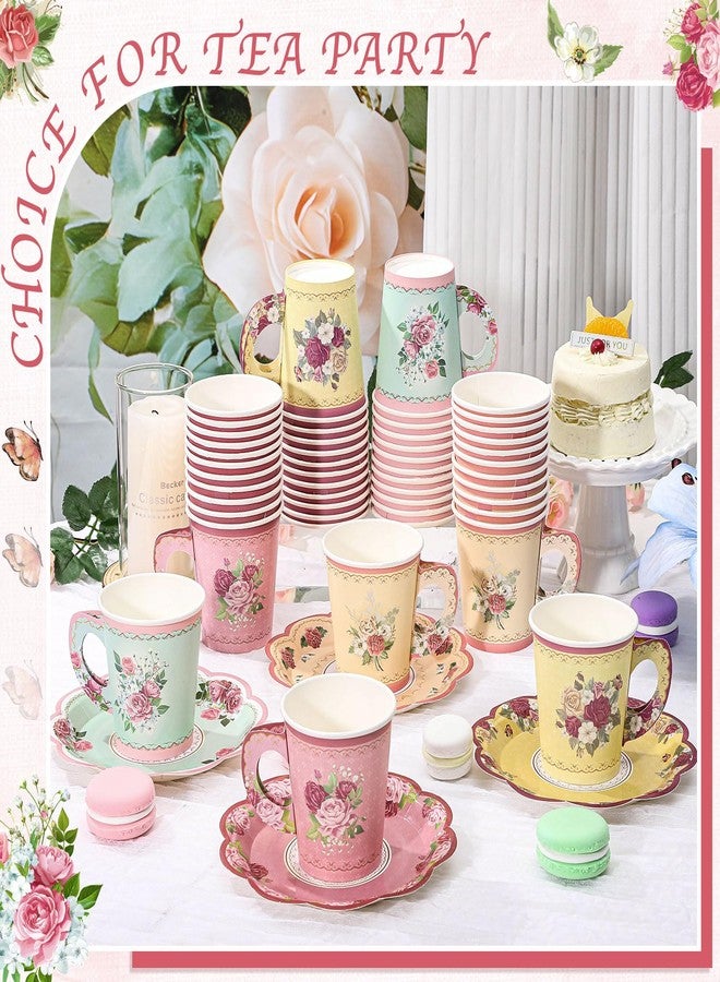 NatNarr 24 Sets Vintage Floral Tea Party Cups 7 OZ Disposable Paper Tea Cups with Handle and Plates Teacups and Saucer Sets for Baby Bridal Shower Wedding Birthday(Vintage Style) - Image 4